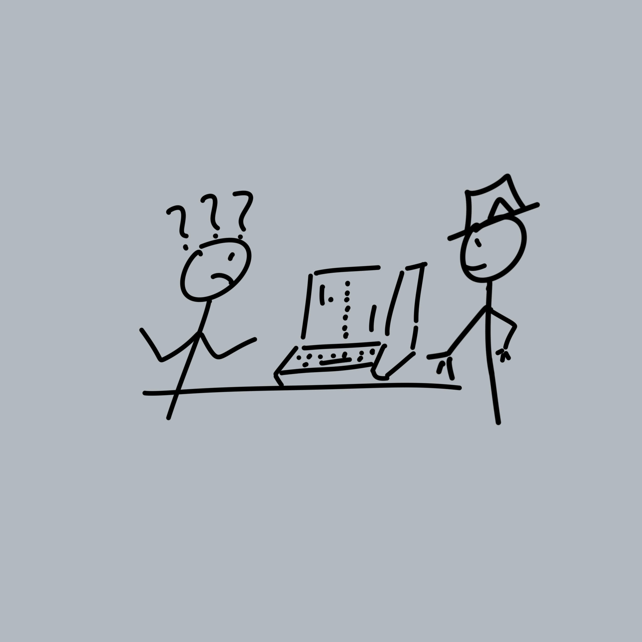 Two people on either side of a computer monitor. One with artist's brush in hand, looking confused. The other with an open hand toward the screen, talking.