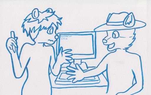 Two people on either side of a computer monitor. One with artist's brush in hand, looking confused. The other with an open hand toward the screen, talking.