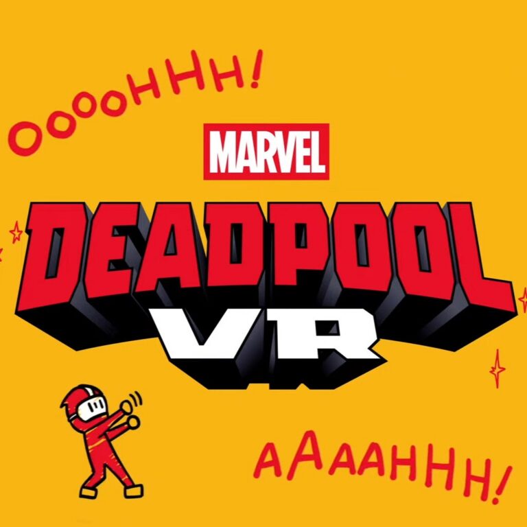 "Marvel's Deadpool VR logo, with a caricature of Deadpool in a VR headset", 